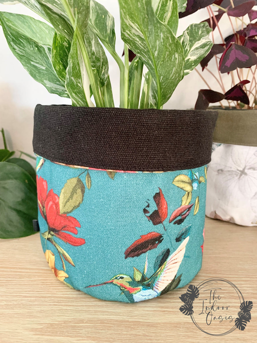 AJ Cotton Canvas Planter Bag Teal Floral The Indoor Oasis NZ