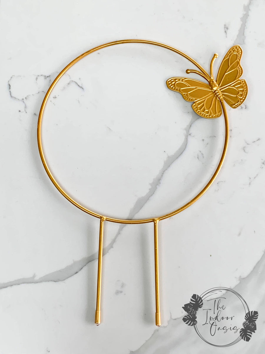 Round Metal Plant Trellis with Butterfly Golden The Indoor Oasis NZ