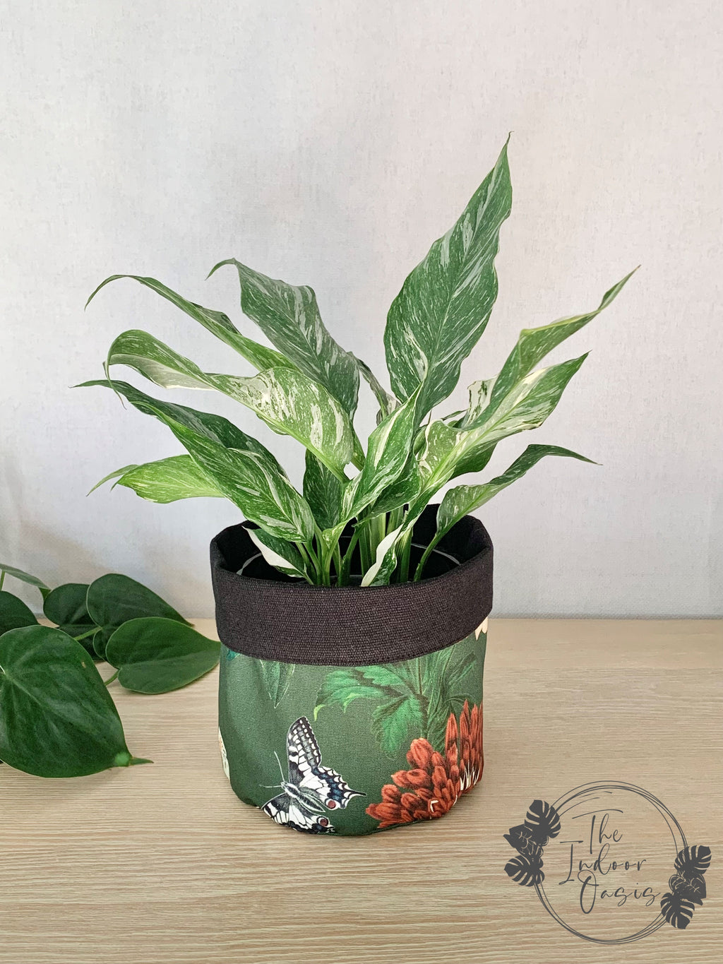 AJ Cotton Canvas Planter Bag Wildflower with Variegated Peace Lily The Indoor Oasis NZ